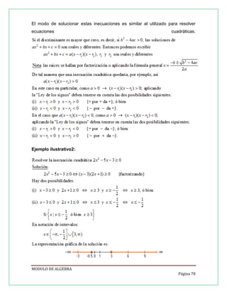 El modo de solucionar estas inecuaciones es similar al utilizado para resolver
ecuaciones

cuadráticas.

Ejemplo ilustrativo2:

MODULO DE ALGEBRA
Página 78

 