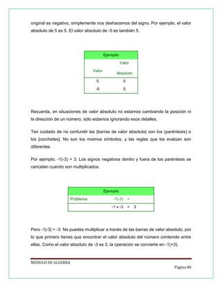 original es negativo, simplemente nos deshacemos del signo. Por ejemplo, el valor
absoluto de 5 es 5. El valor absoluto de -5 es también 5.

Ejemplo
Valor
Valor

Absoluto

5

5

-5

5

Recuerda, en situaciones de valor absoluto no estamos cambiando la posición ni
la dirección de un número, sólo estamos ignorando esos detalles.
Ten cuidado de no confundir las |barras de valor absoluto| con los (paréntesis) o
los [corchetes]. No son los mismos símbolos, y las reglas que los evalúan son
diferentes.
Por ejemplo, -1(-3) = 3. Los signos negativos dentro y fuera de los paréntesis se
cancelan cuando son multiplicados.

Ejemplo
Problema

-1(-3)

=

-1 • -3

=

3

Pero -1|-3| = -3. No puedes multiplicar a través de las barras de valor absoluto, por
lo que primero tienes que encontrar el valor absoluto del número contenido entre
ellas. Como el valor absoluto de -3 es 3, la operación se convierte en -1(+3).

MODULO DE ALGEBRA
Página 80

 