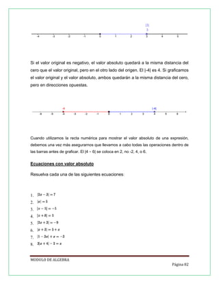 Si el valor original es negativo, el valor absoluto quedará a la misma distancia del
cero que el valor original, pero en el otro lado del origen. El |-4| es 4. Si graficamos
el valor original y el valor absoluto, ambos quedarán a la misma distancia del cero,
pero en direcciones opuestas.

Cuando utilizamos la recta numérica para mostrar el valor absoluto de una expresión,
debemos una vez más asegurarnos que llevamos a cabo todas las operaciones dentro de
las barras antes de graficar. El |4 − 6| se coloca en 2, no -2, 4, o 6.

Ecuaciones con valor absoluto
Resuelva cada una de las siguientes ecuaciones:

1.
2.
3.
4.
5.
6.
7.
8.
MODULO DE ALGEBRA
Página 82

 