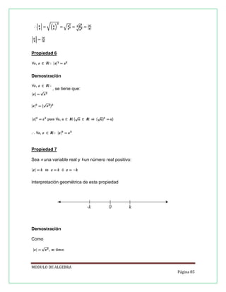 Propiedad 6

Demostración
, se tiene que:

Propiedad 7
Sea

una variable real y un número real positivo:

Interpretación geométrica de esta propiedad

Demostración
Como

MODULO DE ALGEBRA
Página 85

 