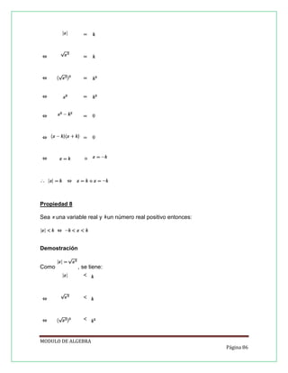 Propiedad 8
Sea

una variable real y un número real positivo entonces:

Demostración
Como

, se tiene:

MODULO DE ALGEBRA
Página 86

 