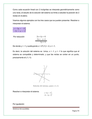 Como cada ecuación lineal con 2 incógnitas se interpreta geométricamente como
una recta, el estudio de la solución del sistema se limita a estudiar la posición de 2
rectas en el plano.
Veamos algunos ejemplos con los tres casos que se pueden presentar. Resolver e
interpretar el sistema:

Por reducción

De donde y = -1 y sustituyendo x + 2*(-1) = -3, x = -1.
Es decir, la solución del sistema es ´única, x = -1, y = -1 lo que signiﬁca que el
sistema es compatible y determinado, y que las rectas se cortan en un punto,
precisamente el (-1,-1):

Resolver e interpretar el sistema:

Por igualación
MODULO DE ALGEBRA
Página 94

 