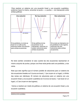 Para resolver un sistema con una ecuación lineal y una ecuación cuadrática,
podemos hacer lo mismo, encontrar el punto — o puntos — de intersección entre
ambas gráficas:
Una solución

Si la parábola y la recta se
tocan en un sólo punto,
entonces existe una solución
para ambas ecuaciones.

No hay solución

Si las gráficas de las
ecuaciones no se
intersectan, entonces no
existen soluciones para
ambas ecuaciones.

Dos soluciones

Si la recta se intersecta con
la parábola en dos lugares,
entonces hay dos
soluciones para ambas
ecuaciones.

No tiene sentido considerar el caso cuando las dos ecuaciones representan el
mismo conjunto de puntos, porque una línea recta jamás será una parábola, y vice
versa.
Nota que esto significa que el número posible de soluciones para un sistema de
dos ecuaciones lineales es 0 (nunca se tocan), 1 (se cruzan en un lugar), o infinito
(las rectas son idénticas). El número de soluciones para un sistema con una
ecuación lineal y una ecuación cuadrática es 0 (nunca se tocan), 1 (se tocan en un
lugar), o 2 (se cruzan en dos lugares).
Vamos a resolver por medio de gráficas un sistema de una ecuación lineal y una
ecuación cuadrática.
MODULO DE ALGEBRA
Página 99

 