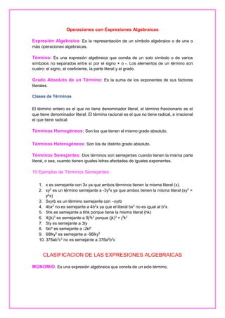 Operaciones con Expresiones Algebraicas
Expresión Algebraica: Es la representación de un símbolo algebraico o de una o
más operaciones algebraicas.

Término: Es una expresión algebraica que consta de un solo símbolo o de varios
símbolos no separados entre sí por el signo + o -. Los elementos de un término son
cuatro: el signo, el coeficiente, la parte literal y el grado.

Grado Absoluto de un Término: Es la suma de los exponentes de sus factores
literales.
Clases de Términos
El término entero es el que no tiene denominador literal, el término fraccionario es el
que tiene denominador literal. El término racional es el que no tiene radical, e irracional
el que tiene radical.

Términos Homogéneos: Son los que tienen el mismo grado absoluto.
Términos Heterogéneos: Son los de distinto grado absoluto.
Términos Semejantes: Dos términos son semejantes cuando tienen la misma parte
literal, o sea, cuando tienen iguales letras afectadas de iguales exponentes.

10 Ejemplos de Términos Semejantes:
1. x es semejante con 3x ya que ambos términos tienen la misma literal (x).
2. xy2 es un término semejante a -3y2x ya que ambos tienen la misma literal (xy2 =
y2x)
3. 5xyrb es un término semejante con –xyrb
4. 4bx2 no es semejante a 4b2x ya que el literal bx2 no es igual al b2x.
5. 5hk es semejante a 6hk porque tiene la misma literal (hk)
6. 4(jk)3 es semejante a 9j3k3 porque (jk)3 = j3k3
7. 5ty es semejante a 3ty
8. 5kl4 es semejante a -2kl4
9. 68lky5 es semejante a -96lky5
10. 378ab3c2 no es semejante a 378a2b3c

CLASIFICACION DE LAS EXPRESIONES ALGEBRAICAS
MONOMIO. Es una expresión algebraica que consta de un solo término.

 