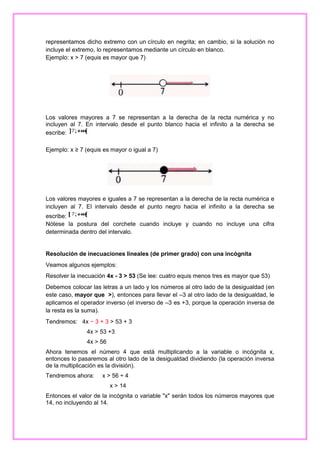 representamos dicho extremo con un círculo en negrita; en cambio, si la solución no
incluye el extremo, lo representamos mediante un círculo en blanco.
Ejemplo: x > 7 (equis es mayor que 7)

Los valores mayores a 7 se representan a la derecha de la recta numérica y no
incluyen al 7. En intervalo desde el punto blanco hacia el infinito a la derecha se
escribe:
Ejemplo: x ≥ 7 (equis es mayor o igual a 7)

Los valores mayores e iguales a 7 se representan a la derecha de la recta numérica e
incluyen al 7. El intervalo desde el punto negro hacia el infinito a la derecha se
escribe:
Nótese la postura del corchete cuando incluye y cuando no incluye una cifra
determinada dentro del intervalo.

Resolución de inecuaciones lineales (de primer grado) con una incógnita
Veamos algunos ejemplos:
Resolver la inecuación 4x - 3 > 53 (Se lee: cuatro equis menos tres es mayor que 53)
Debemos colocar las letras a un lado y los números al otro lado de la desigualdad (en
este caso, mayor que >), entonces para llevar el –3 al otro lado de la desigualdad, le
aplicamos el operador inverso (el inverso de –3 es +3, porque la operación inversa de
la resta es la suma).
Tendremos: 4x − 3 + 3 > 53 + 3
4x > 53 +3
4x > 56
Ahora tenemos el número 4 que está multiplicando a la variable o incógnita x,
entonces lo pasaremos al otro lado de la desigualdad dividiendo (la operación inversa
de la multiplicación es la división).
Tendremos ahora:

x > 56 ÷ 4
x > 14

Entonces el valor de la incógnita o variable "x" serán todos los números mayores que
14, no incluyendo al 14.

 