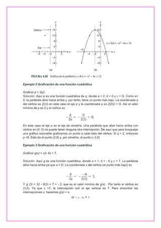 Ejemplo 2 Graficación de una función cuadrática
Graficar p = 2q2.
Solución: Aquí p es una función cuadrática de q, donde a = 2, b = 0 y c = O. Como a>
0, la parábola abre hacia arriba y, por tanto, tiene un punto más bajo. La coordenada q
del vértice es (0,0) en este caso el eje p y la coordenada p es 2(0)2 = O. Así el valor
mínima de p es 0 y el vértice es

En este caso el eje p es el eje de simetría. Una parábola que abre hacia arriba con
vértice en (0, 0) no puede tener ninguna otra intercepción. De aquí que para bosquejar
una gráfica razonable graficamos un punto a cada lado del vértice. Si q = 2, entonces
p =8. Esto da el punto (2,8) y, por simetría, el punto (- 2,8)
Ejemplo 3 Graficación de una función cuadrática
Graficar g(x) = x2- 6x + 7.
Solución: Aquí g es una función cuadrática, donde a = 1, b = - 6 y c = 7. La parábola
abre hacia arriba ya que a > O. La coordenada x del vértice (el punto más bajo) es

Y g (3) = 32 - 6(3) + 7 = - 2, que es el valor mínimo de g(x) . Por tanto el vértice es
(3,2). Ya que c =7, la intercepción con el eje vertical es 7. Para encontrar las
intercepciones x, hacemos g(x) = o.

o = x2 .- 6x + 7

 