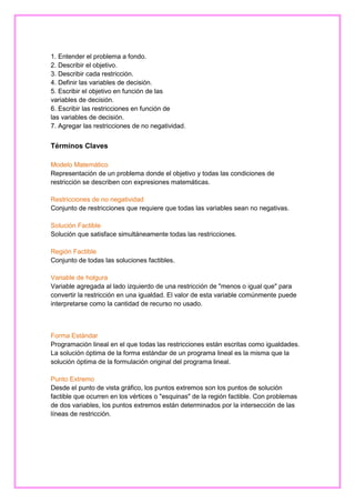 1. Entender el problema a fondo.
2. Describir el objetivo.
3. Describir cada restricción.
4. Definir las variables de decisión.
5. Escribir el objetivo en función de las
variables de decisión.
6. Escribir las restricciones en función de
las variables de decisión.
7. Agregar las restricciones de no negatividad.

Términos Claves
Modelo Matemático
Representación de un problema donde el objetivo y todas las condiciones de
restricción se describen con expresiones matemáticas.
Restricciones de no negatividad
Conjunto de restricciones que requiere que todas las variables sean no negativas.
Solución Factible
Solución que satisface simultáneamente todas las restricciones.
Región Factible
Conjunto de todas las soluciones factibles.
Variable de holgura
Variable agregada al lado izquierdo de una restricción de "menos o igual que" para
convertir la restricción en una igualdad. El valor de esta variable comúnmente puede
interpretarse como la cantidad de recurso no usado.

Forma Estándar
Programación lineal en el que todas las restricciones están escritas como igualdades.
La solución óptima de la forma estándar de un programa lineal es la misma que la
solución óptima de la formulación original del programa lineal.
Punto Extremo
Desde el punto de vista gráfico, los puntos extremos son los puntos de solución
factible que ocurren en los vértices o "esquinas" de la región factible. Con problemas
de dos variables, los puntos extremos están determinados por la intersección de las
líneas de restricción.

 