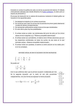 Consiste en construir la gráfica de cada una de las ecuaciones del sistema. El método
(manualmente aplicado) solo resulta eficiente en el plano cartesiano, es decir para un
espacio de dimensión 2.
El proceso de resolución de un sistema de ecuaciones mediante el método gráfico se
resuelve en los siguientes pasos:
1. Se despeja la incógnita (y) en ambas ecuaciones.
2. Se construye para cada una de las dos ecuaciones de primer grado obteniendo
la tabla de valores correspondientes.
3. Se representan gráficamente ambas rectas en los ejes coordenados.
4. En este último paso hay tres posibilidades:
1. Si ambas rectas se cortan, las coordenadas del punto de corte son los únicos
valores de las incógnitas (x,y). "Sistema compatible determinado".
2. Si ambas rectas son coincidentes, el sistema tiene infinitas soluciones que son
las respectivas coordenadas de todos los puntos de esa recta en la que
coinciden ambas. «Sistema compatible indeterminado».
3. Si ambas rectas son paralelas, el sistema no tiene solución en los reales pero
si en los complejos.

Sistema lineal de dos ecuaciones con dos incógnitas

Se puede ver:

Con lo que podemos decir que la primera ecuación multiplicada por tres
da la segunda ecuación, por lo tanto no son dos ecuaciones
independientes, sino dos formas de expresar la misma ecuación.

 