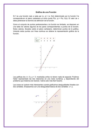 Gráfica de una Función
Si f es una función real, a cada par (x, y) = (x, f(x)) determinado por la función f le
corresponde en el plano cartesiano un único punto P(x, y) = P(x, f(x)). El valor de x
debe pertenecer al dominio de definición de la función.
Como el conjunto de puntos pertenecientes a la función es ilimitado, se disponen en
una tabla de valores algunos de los pares correspondientes a puntos de la función.
Estos valores, llevados sobre el plano cartesiano, determinan puntos de la gráfica.
Uniendo estos puntos con línea continua se obtiene la representación gráfica de la
función.

Las gráficas de x ≥ -2 y y < 3, mostradas arriba no tienen nada de especial. Pudimos
haber representado las dos relaciones en una recta numérica, y dependiendo del
problema que tratamos de resolver, habría sido más fácil hacerlo.
Las cosas se vuelven más interesantes cuando graficamos desigualdades lineales con
dos variables. Empecemos con una desigualdad básica de dos variables: x > y.

 