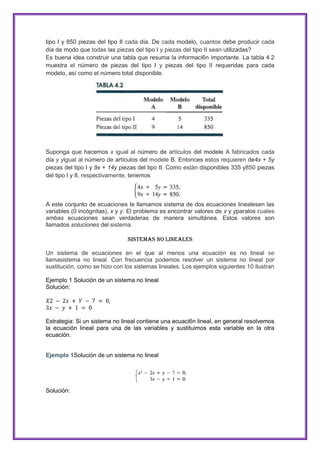 tipo I y 850 piezas del tipo II cada día. De cada modelo, cuantos debe producir cada
día de modo que todas las piezas del tipo I y piezas del tipo II sean utilizadas?
Es buena idea construir una tabla que resuma la informaci6n importante. La tabla 4.2
muestra el número de piezas del tipo I y piezas del tipo II requeridas para cada
modelo, así como el número total disponible.

Suponga que hacemos x igual al número de artículos del modele A fabricados cada
día y yigual al número de artículos del modele B. Entonces estos requieren de4x + 5y
piezas del tipo I y 9x + 14y piezas del tipo II. Como están disponibles 335 y850 piezas
del tipo I y II, respectivamente, tenemos

A este conjunto de ecuaciones Ie llamamos sistema de dos ecuaciones linealesen las
variables (0 incógnitas), x y y. El problema es encontrar valores de x y yparalos cuales
ambas ecuaciones sean verdaderas de manera simultánea. Estos valores son
llamados soluciones del sistema.
Sistemas no lineales
Un sistema de ecuaciones en el que al menos una ecuación es no lineal se
llamasistema no lineal. Con frecuencia podemos resolver un sistema no lineal por
sustitución, como se hizo con los sistemas lineales. Los ejemplos siguientes 10 ilustran
Ejemplo 1 Solución de un sistema no lineal
Solución:

Estrategia: Si un sistema no lineal contiene una ecuaci6n lineal, en general resolvemos
la ecuación lineal para una de las variables y sustituimos esta variable en la otra
ecuación.
Ejemplo 1Solución de un sistema no lineal

Solución:

 