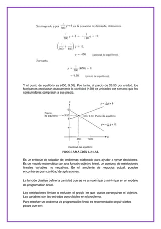 Y el punto de equilibrio es (450, 9.50). Por tanto, al precio de $9.50 por unidad, los
fabricantes producirán exactamente la cantidad (450) de unidades por semana que los
consumidores comprarán a ese precio.

Programación Lineal
Es un enfoque de solución de problemas elaborado para ayudar a tomar decisiones.
Es un modelo matemático con una función objetivo lineal, un conjunto de restricciones
lineales variables no negativas. En el ambiente de negocios actual, pueden
encontrarse gran cantidad de aplicaciones.
La función objetivo define la cantidad que se va a maximizar o minimizar en un modelo
de programación lineal.
Las restricciones limitan o reducen el grado en que puede perseguirse el objetivo.
Las variables son las entradas controlables en el problema.
Para resolver un problema de programación lineal es recomendable seguir ciertos
pasos que son:

 