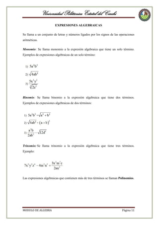 Universidad Politécnica Estatal del Carchi
EXPRESIONES ALGEBRAICAS
Se llama a un conjunto de letras y números ligados por los signos de las operaciones
aritméticas.
Monomio: Se llama monomio a la expresión algebraica que tiene un solo término.
Ejemplos de expresiones algebraicas de un solo término:

Binomio: Se llama binomio a la expresión algebraica que tiene dos términos.
Ejemplos de expresiones algebraicas de dos términos:

Trinomio: Se llama trinomio a la expresión algebraica que tiene tres términos.
Ejemplo:

Las expresiones algebraicas que contienen más de tres términos se llaman Polinomios.

MODULO DE ALGEBRA

Página 11

 