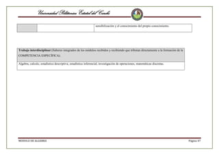 Universidad Politécnica Estatal del Carchi
sensibilización y el conocimiento del propio conocimiento.

Trabajo interdisciplinar:(Saberes integrados de los módulos recibidos y recibiendo que tributan directamente a la formación de la
COMPETENCIA ESPECÍFICA).
Algebra, calculo, estadística descriptiva, estadística inferencial, investigación de operaciones, matemáticas discretas.

MODULO DE ALGEBRA

Página 47

 
