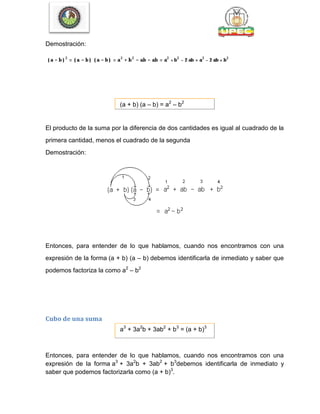 Demostración:
(a + b) (a – b) = a2
– b2
El producto de la suma por la diferencia de dos cantidades es igual al cuadrado de la
primera cantidad, menos el cuadrado de la segunda
Demostración:
Entonces, para entender de lo que hablamos, cuando nos encontramos con una
expresión de la forma (a + b) (a – b) debemos identificarla de inmediato y saber que
podemos factoriza la como a2
– b2
Cubo de una suma
a3
+ 3a2
b + 3ab2
+ b3
= (a + b)3
Entonces, para entender de lo que hablamos, cuando nos encontramos con una
expresión de la forma a3
+ 3a2
b + 3ab2
+ b3
debemos identificarla de inmediato y
saber que podemos factorizarla como (a + b)3
.
 