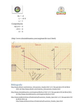 -4x = -4
x = -4/-4
x = 1
Comprobación
-4(1)+8 = 4
-4+8 = 4
4 = 4
(http://www.elosiodelosantos.com/sergiman/div/ecu1.html)
Bibliografía
http://www.ditutor.com/sistemas_1/ecuaciones_lineales.html. (s.f.). Recuperado el 01 de 08 de
2013, de http://www.ditutor.com/sistemas_1/ecuaciones_lineales.html
http://www.elosiodelosantos.com/sergiman/div/ecu1.html. (s.f.). Recuperado el 01 de 08 de 2013,
de http://www.elosiodelosantos.com/sergiman/div/ecu1.html
http://www.profesorenlinea.cl/matematica/Ecuaciones_lineales_tipos.html. (s.f.). Recuperado el 01
de 08 de 2013, de
http://www.profesorenlinea.cl/matematica/Ecuaciones_lineales_tipos.html
 