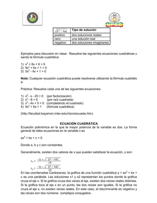 Tipo de solución
positivo dos soluciones reales
cero una solución real
negativo dos soluciones imaginarias
Ejemplos para discusión en clase: Resuelve las siguientes ecuaciones cuadráticas u
sando la fórmula cuadrática:
1) x2
+ 8x + 6 = 0
2) 9x2
+ 6x + 1 = 0
3) 5x2
- 4x + 1 = 0
Nota: Cualquier ecuación cuadrática puede resolverse utilizando la fórmula cuadrátic
a.
Práctica: Resuelve cada una de las siguientes ecuaciones:
1) x2
- x - 20 = 0 (por factorización)
2) x2
- 8 = 0 (por raíz cuadrada)
3) x2
- 4x + 5 = 0 (completando el cuadrado)
4) 9x2
+ 6x = 1 (fórmula cuadrática)
(http://facultad.bayamon.inter.edu/ntoro/ecuadw.htm)
ECUACIÓN CUADRÁTICA
Ecuación polinómica en la que la mayor potencia de la variable es dos. La forma
general de tales ecuaciones en la variable x es
ax2
+ bx + c = 0
Donde a, b y c son constantes.
Generalmente, existen dos valores de x que pueden satisfacer la ecuación, y son:
En las coordenadas Cartesianas, la gráfica de una función cuadrática y = ax2
+ bx +
c es una parábola. Las soluciones x1 y x2 representan los puntos donde la gráfica
cruza el eje x. Si la gráfica cruza dos veces el eje, existen dos raíces reales distintas.
Si la gráfica toca al eje x en un punto, las dos raíces son iguales. Si la gráfica no
cruza el eje x, no existen raíces reales. En este caso, el discriminante es negativo y
las raíces son dos números complejos conjugados.
 