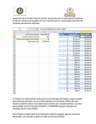 argumento de la función indica el número de período para el cual estamos haciendo
el cálculo. Observa el resultado al incluir esta fórmula en nuestra tabla utilizando las
variables previamente definidas:
Si revisas con detenimiento verás que la suma del pago de interés y pago a capital
para todos los períodos nos da el total obtenido con la función PAGO. De esta
manera podemos deducir que estas tres funciones son complementarias: La suma
del resultado de las funciones PAGOINT y PAGOPRIN siempre será igual al
resultado de la función PAGO.
Para finalizar nuestra tabla de amortización podemos agregar algunas columnas
adicionales, por ejemplo el saldo en cada uno de los períodos:
 
