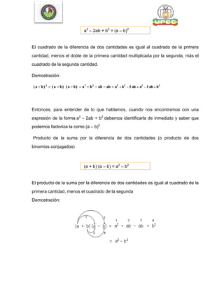 a2
– 2ab + b2
= (a – b)2
El cuadrado de la diferencia de dos cantidades es igual al cuadrado de la primera
cantidad, menos el doble de la primera cantidad multiplicada por la segunda, más el
cuadrado de la segunda cantidad.
Demostración:
Entonces, para entender de lo que hablamos, cuando nos encontramos con una
expresión de la forma a2
– 2ab + b2
debemos identificarla de inmediato y saber que
podemos factoriza la como (a – b)2
Producto de la suma por la diferencia de dos cantidades (o producto de dos
binomios conjugados)
(a + b) (a – b) = a2
– b2
El producto de la suma por la diferencia de dos cantidades es igual al cuadrado de la
primera cantidad, menos el cuadrado de la segunda
Demostración:
 