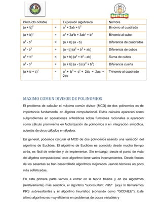 Producto notable Expresión algebraica Nombre
(a + b)2
= a2
+ 2ab + b2
Binomio al cuadrado
(a + b)3
= a3
+ 3a2
b + 3ab2
+ b3
Binomio al cubo
a2
- b2
= (a + b) (a - b) Diferencia de cuadrados
a3
- b3
= (a - b) (a2
+ b2
+ ab) Diferencia de cubos
a3
+ b3
= (a + b) (a2
+ b2
- ab) Suma de cubos
a4
- b4
= (a + b) (a - b) (a2
+ b2
) Diferencia cuarta
(a + b + c)2
= a2
+ b2
+ c2
+ 2ab + 2ac +
2bc
Trinomio al cuadrado
MAXIMO COMUN DIVISOR DE POLINOMIOS
El problema de calcular el máximo común divisor (MCD) de dos polinomios es de
importancia fundamental en álgebra computacional. Estos cálculos aparecen como
subproblemas en operaciones aritméticas sobre funciones racionales o aparecen
como cálculo prominente en factorización de polinomios y en integración simbólica,
además de otros cálculos en álgebra.
En general, podemos calcular el MCD de dos polinomios usando una variación del
algoritmo de Euclides. El algoritmo de Euclides es conocido desde mucho tiempo
atrás, es fácil de entender y de implementar. Sin embargo, desde el punto de vista
del álgebra computacional, este algoritmo tiene varios inconvenientes. Desde finales
de los sesentas se han desarrollado algoritmos mejorados usando técnicas un poco
más sofisticadas.
En esta primera parte vamos a entrar en la teoría básica y en los algoritmos
(relativamente) más sencillos, el algoritmo "subresultant PRS'' (aquí lo llamaremos
PRS subresultante) y el algoritmo heurístico (conocido como "GCDHEU''). Este
último algoritmo es muy eficiente en problemas de pocas variables y
 