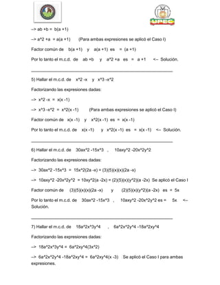 –> ab +b = b(a +1)
–> a^2 +a = a(a +1) (Para ambas expresiones se aplicó el Caso I)
Factor común de b(a +1) y a(a +1) es = (a +1)
Por lo tanto el m.c.d. de ab +b y a^2 +a es = a +1 <– Solución.
___________________________________________________________
5) Hallar el m.c.d. de x^2 -x y x^3 -x^2
Factorizando las expresiones dadas:
–> x^2 -x = x(x -1)
–> x^3 -x^2 = x^2(x -1) (Para ambas expresiones se aplicó el Caso I)
Factor común de x(x -1) y x^2(x -1) es = x(x -1)
Por lo tanto el m.c.d. de x(x -1) y x^2(x -1) es = x(x -1) <– Solución.
___________________________________________________________
6) Hallar el m.c.d. de 30ax^2 -15x^3 , 10axy^2 -20x^2y^2
Factorizando las expresiones dadas:
–> 30ax^2 -15x^3 = 15x^2(2a -x) = (3)(5)(x)(x)(2a -x)
–> 10axy^2 -20x^2y^2 = 10xy^2(a -2x) = (2)(5)(x)(y^2)(a -2x) Se aplicó el Caso I
Factor común de (3)(5)(x)(x)(2a -x) y (2)(5)(x)(y^2)(a -2x) es = 5x
Por lo tanto el m.c.d. de 30ax^2 -15x^3 , 10axy^2 -20x^2y^2 es = 5x <–
Solución.
___________________________________________________________
7) Hallar el m.c.d. de 18a^2x^3y^4 , 6a^2x^2y^4 -18a^2xy^4
Factorizando las expresiones dadas:
–> 18a^2x^3y^4 = 6a^2xy^4(3x^2)
–> 6a^2x^2y^4 -18a^2xy^4 = 6a^2xy^4(x -3) Se aplicó el Caso I para ambas
expresiones.
 