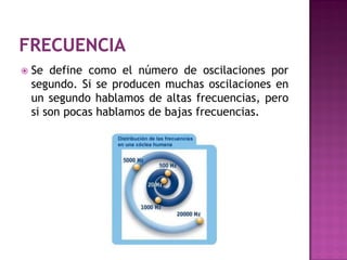    Se define como el número de oscilaciones por
    segundo. Si se producen muchas oscilaciones en
    un segundo hablamos de altas frecuencias, pero
    si son pocas hablamos de bajas frecuencias.
 