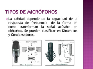  Lacalidad depende de la capacidad de la
 respuesta de frecuencia, de la forma en
 como transforman la señal acústica en
 eléctrica. Se pueden clasificar en Dinámicos
 y Condensadores.
 