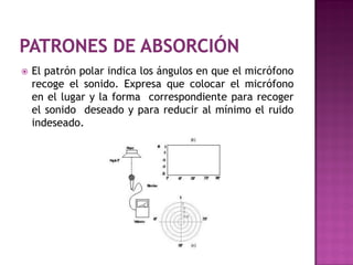    El patrón polar indica los ángulos en que el micrófono
    recoge el sonido. Expresa que colocar el micrófono
    en el lugar y la forma correspondiente para recoger
    el sonido deseado y para reducir al mínimo el ruido
    indeseado.
 
