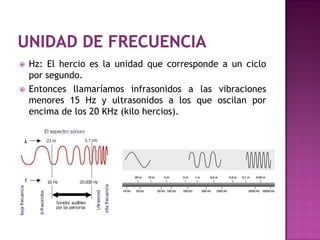    Hz: El hercio es la unidad que corresponde a un ciclo
    por segundo.
   Entonces llamaríamos infrasonidos a las vibraciones
    menores 15 Hz y ultrasonidos a los que oscilan por
    encima de los 20 KHz (kilo hercios).
 