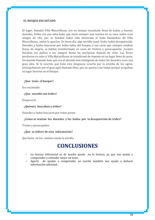 EL BOSQUE ENCANTADO
El lugar, llamado Villa Maravillosas, era un bosque encantado lleno de hadas y buenos
duendes. Írides era una niña hada, que tenía siempre una sonrisa en su cara; todos eran
amigos de ella, por su bondad había sido declarada el hada bondadosa de Villa
Maravillosas., todos la querían. Un buen día, algo terrible pasó. Írides había desaparecido.
Duendes y hadas buscaron por todos lados del bosque, y sus caras que siempre estaban
llenas de alegría, se habían transformado en caras de tristeza y preocupación. ¡Cuánto
lloraban sus padres y sus amigos! Hasta las mariposas dejaron de volar. Las flores
perdieron su color y Villa Maravillosas se transformó de repente en un lugar lleno de pena.
Un duende llamado Sam, que era el duende más inteligente de todos los duendes, tuvo una
gran idea. Se le ocurrió, que toda esta desgracia, ocurría por la envidia de los ogros,
principalmente por el gran ogro llamado Otus, que no quería a las hadas porque ocupaban
su lugar favorito en el bosque.
·

¿Que tenia el bosque?
Era encantado

·

¿Que sucedió con írides?
Despareció

·

¿Quienes buscaban a írides?
Duendes y hadas buscaron por todas partes

·

¿Como se sentían los duendes y las hadas por la desaparición de írides?
Tristes y preocupados

·

¿Que se infiere de esta información?
Que hasta en los cuentos existe la envidia

CONCLUSIONES
-

La lectura inferencial es de mucha ayuda en la lectura, ya que nos ayuda a
comprender y entender mejor un texto.
Aparte de ayudar a comprender un escrito también nos ayuda a deducir
información adicional .

18

 