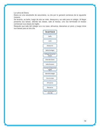 La rutina de Diana
Diana es una estudiante de secundaria, su día por lo general comienza de la siguiente
manera:
Se levanta, se baña, luego de eso se viste, desayuna y se sale para el colegio. Al llegar
presenta sus tareas, atiende las clases, sale al receso, una vez terminado el receso
comienzan sus clases de inglés.
Después que sale del colegio va a su casa, almuerza, descansa un poco, y luego inicia
sus tareas para el otro día.

54

 