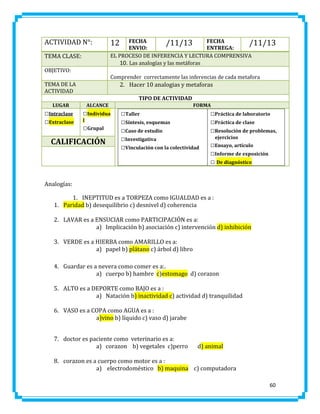 ACTIVIDAD N°:
TEMA CLASE:
OBJETIVO:

FECHA
FECHA
/11/13
/11/13
ENVIO:
ENTREGA:
EL PROCESO DE INFERENCIA Y LECTURA COMPRENSIVA
10. Las analogías y las metáforas

12

Comprender correctamente las inferencias de cada metafora

TEMA DE LA
ACTIVIDAD

2. Hacer 10 analogias y metaforas
TIPO DE ACTIVIDAD

LUGAR

□Intraclase
□Extraclase

ALCANCE

□Individua
l

□Grupal

CALIFICACIÓN

FORMA

□Taller
□Síntesis, esquemas
□Caso de estudio
□Investigativa
□Vinculación con la colectividad

□Práctica de laboratorio
□Práctica de clase
□Resolución de problemas,
ejercicios

□Ensayo, artículo
□Informe de exposición
□ De diagnóstico

Analogías:
1. INEPTITUD es a TORPEZA como IGUALDAD es a :
1. Paridad b) desequilibrio c) desnivel d) coherencia
2. LAVAR es a ENSUCIAR como PARTICIPACIÓN es a:
a) Implicación b) asociación c) intervención d) inhibición
3. VERDE es a HIERBA como AMARILLO es a:
a) papel b) plátano c) árbol d) libro
4. Guardar es a nevera como comer es a:.
a) cuerpo b) hambre c)estomago d) corazon
5. ALTO es a DEPORTE como BAJO es a :
a) Natación b) inactividad c) actividad d) tranquilidad
6. VASO es a COPA como AGUA es a :
a)vino b) líquido c) vaso d) jarabe
7. doctor es paciente como veterinario es a:
a) corazon b) vegetales c)perro

d) animal

8. corazon es a cuerpo como motor es a :
a) electrodoméstico b) maquina c) computadora
60

 