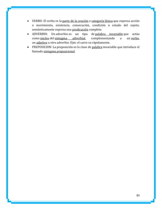 





VERBO: El verbo es la parte de la oración o categoría léxica que expresa acción
o movimiento, existencia, consecución, condición o estado del sujeto;
semánticamente expresa una predicación completa
ADVERBIO: Un adverbio es un tipo de palabra invariable que actúa
como núcleo del sintagma
adverbial,
complementando
a
un verbo,
un adjetivo u otro adverbio. Ejm: el carro va rápidamente.
PREPOSICION: La preposición es la clase de palabra invariable que introduce el
llamado sintagma preposicional.

83

 