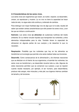 19
2.3 Características de los seres vivos.
Los seres vivos son organismos que nacen, se nutren, respiran, se desarrollan,
crecen, se reproducen y mueren. Lo no vivo no tiene la capacidad de hacer
nada de esto, no sigue este ciclo continuo y ordenado de cambios.
Para distinguir con mayor facilidad algo vivo de algo que no lo está, resulta útil
saber que existen ciertas características que sólo poseen los seres vivos, y son
las que se indican a continuación:
Nutrición. Los seres vivos se alimentan de sustancias nutritivas del medio
ambiente. En su interior circulan líquidos que transportan los nutrientes y otros
elementos indispensables para la vida. También tienen la capacidad de
almacenar en algunas partes de sus cuerpos y de desechar lo que no
necesitan.
Respiración. Posibilita que los nutrientes que hay en los alimentos se
transformen en la energía que permite a los seres realizar todas sus funciones.
Desarrollo. Como consecuencia de la alimentación y de diversas reacciones
que se efectúan en el interior de sus organismos, al asimilar los nutrientes, los
seres vivos se transforman y se desarrollan durante toda su vida. Algunas de
estas reacciones permiten que se conserven sus cuerpos y que se reparen
cuando resulta necesario, por ejemplo, el ser humano, para desarrollarse,
produce más sangre, más músculos y más piel; sus órganos internos cambian
de tamaño y de funciones.
 