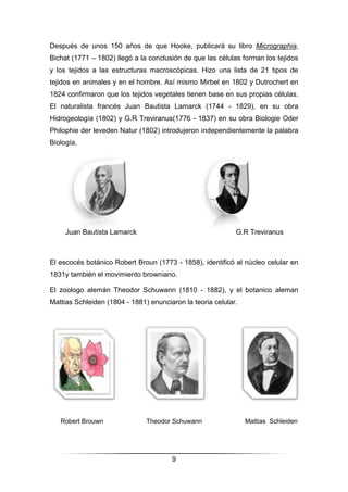 9
Después de unos 150 años de que Hooke, publicará su libro Micrographia,
Bichat (1771 – 1802) llegó a la conclusión de que las células forman los tejidos
y los tejidos a las estructuras macroscópicas. Hizo una lista de 21 tipos de
tejidos en animales y en el hombre. Así mismo Mirbel en 1802 y Dutrochert en
1824 confirmaron que los tejidos vegetales tienen base en sus propias células.
El naturalista francés Juan Bautista Lamarck (1744 - 1829), en su obra
Hidrogeología (1802) y G.R Treviranus(1776 - 1837) en su obra Biologie Oder
Philophie der leveden Natur (1802) introdujeron independientemente la palabra
Biología.
Juan Bautista Lamarck G.R Treviranus
El escocés botánico Robert Broun (1773 - 1858), identificó al núcleo celular en
1831y también el movimiento browniano.
El zoologo alemán Theodor Schuwann (1810 - 1882), y el botanico aleman
Mattias Schleiden (1804 - 1881) enunciaron la teoria celular.
Robert Brouwn Theodor Schuwann Mattias Schleiden
 