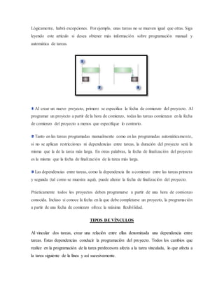 Lógicamente, habrá excepciones. Por ejemplo, unas tareas no se mueven igual que otras. Siga
leyendo este artículo si desea obtener más información sobre programación manual y
automática de tareas.
Al crear un nuevo proyecto, primero se especifica la fecha de comienzo del proyecto. Al
programar un proyecto a partir de la hora de comienzo, todas las tareas comienzan en la fecha
de comienzo del proyecto a menos que especifique lo contrario.
Tanto en las tareas programadas manualmente como en las programadas automáticamente,
si no se aplican restricciones ni dependencias entre tareas, la duración del proyecto será la
misma que la de la tarea más larga. En otras palabras, la fecha de finalización del proyecto
es la misma que la fecha de finalización de la tarea más larga.
Las dependencias entre tareas, como la dependencia fin a comienzo entre las tareas primera
y segunda (tal como se muestra aquí), puede alterar la fecha de finalización del proyecto.
Prácticamente todos los proyectos deben programarse a partir de una hora de comienzo
conocida. Incluso si conoce la fecha en la que debe completarse un proyecto, la programación
a partir de una fecha de comienzo ofrece la máxima flexibilidad.
TIPOS DE VÍNCULOS
Al vincular dos tareas, crear una relación entre ellas denominada una dependencia entre
tareas. Estas dependencias conducir la programación del proyecto. Todos los cambios que
realice en la programación de la tarea predecesora afecta a la tarea vinculada, lo que afecta a
la tarea siguiente de la línea y así sucesivamente.
 