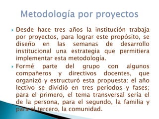  Desde hace tres años la institución trabaja
por proyectos, para lograr este propósito, se
diseño en las semanas de desarrollo
institucional una estrategia que permitiera
implementar esta metodología.
Formé parte del grupo con algunos
compañeros y directivos docentes, que
organizó y estructuró esta propuesta: el año
lectivo se dividió en tres períodos y fases;
para el primero, el tema transversal sería el
de la persona, para el segundo, la familia y
para el tercero, la comunidad.