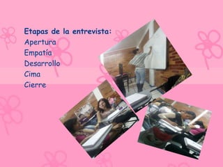 Etapas de la entrevista:
Apertura
Empatía
Desarrollo
Cima
Cierre
 
