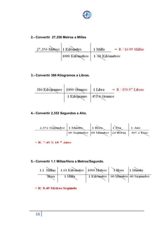 16
2.- Convertir 27,356 Metros a Millas
3.- Convertir 386 Kilogramos a Libras.
4.- Convertir 2,352 Segundos a Año.
5.- Convertir 1.1 Millas/Hora a Metros/Segundo.
 
