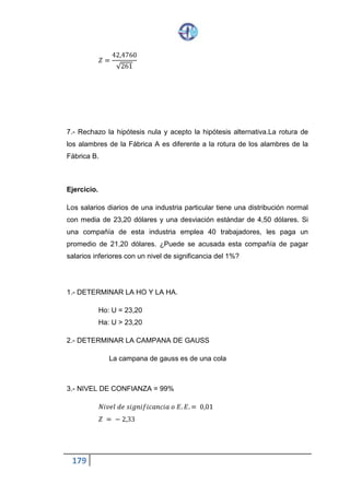 179
6. 𝒛 =
𝑷̂−𝑷
𝑸𝒑
𝒛 =
𝟎, 𝟕𝟖 − 𝟎, 𝟗𝟓
𝟎, 𝟎𝟑𝟐
𝒛 = −𝟓, 𝟑𝟏
𝑷̂ =
𝟑𝟓
𝟒𝟓
𝑷̂ = 𝟎, 𝟕𝟖
𝑸𝒙 = √
𝒑𝒒
𝒏
𝑸𝒙 = √
( 𝟎, 𝟗𝟓)(𝟎, 𝟎𝟓)
𝟒𝟓
𝑸𝒙 = 𝟎, 𝟎𝟑𝟐
7. Rechazo la hipótesis nula y acepto la hipótesis alternativa.
Las exportaciones de petróleo que el Ecuador realiza a diferentes
países se comercializan en más del 95%, por lo que el país puede
continuar realizando sus exportaciones al exterior.
DISTRIBUCIÓN T-STUDENT
En probabilidad y estadística, la distribución t-Student es una distribución de
probabilidad que surge del problema de estimar la media de una población
normalmente distribuida cuando el tamaño de la muestra es pequeño.
 