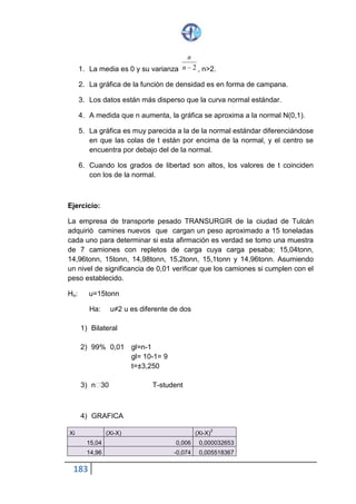 183
𝑥2
=
( 𝑛 − 1) 𝑆2
𝑎2
En donde:
n= número de elementos de la muestra.
n-1= número de grados de libertad
s2= varianza de la muestra
a2= varianza de la población
Desarrollaremos un ejemplo numérico con la finalidad de fijar el concepto de
Chi – cuadrado.
Ejemplo:
En un estudio de la capacidad de aprendizaje de matemáticas, en los niños
de una población, se tomó una muestra representativa de 40 niños. Se les
aplicó una prueba de diagnostico del aprendizaje en matemáticas y con los
datos obtenidos se calculó la varianza s2=8.4, conociendo que la varianza
poblacional es de α2= 12,37, calcular el valor del estadístico chi-cuadrados.
Datos:
n= 40 S2= 8,4 a2= 12,37
𝑥2
=
(40 − 1)8,4
12,37
𝑥2
= 26,48
Ahora vamos a elaborar el concepto de DISTRIBUCIÓN MUESTRAL DEL
ESTADÍSTICO CHI- CUADRADO.
Supongamos que se realiza los pasos siguientes:
1. De una población de N elementos se extrae todas las muestras
posibles del mismo tamaño n.
 