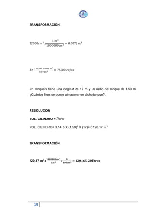 19
TRANSFORMACIÓN
72000𝑐𝑚3
𝑥
1 𝑚3
1000000𝑐𝑚3
= 0.0072 𝑚3
X=
1 𝑐𝑎𝑗𝑎 𝑥 54000 𝑚3
0.072 𝑚3 = 75000 𝑐𝑎𝑗𝑎𝑠
Un tanquero tiene una longitud de 17 m y un radio del tanque de 1.50 m.
¿Cuántos litros se puede almacenar en dicho tanque?.
RESOLUCION
VOL. CILINDRO = 𝐼𝐼̿ 𝑅2
ℎ
VOL. CILINDRO= 3.1416 X (1.50)2
X (17)= 0 120.17 𝑚3
TRANSFORMACIÓN
120.17 𝒎 𝟑
𝒙
𝟏𝟎𝟎𝟎𝟎𝟎𝟎 𝒄𝒎 𝟑
𝟏 𝒎 𝟑 𝒙
𝟏 𝒍
𝟏𝟎𝟎 𝒄𝒎 𝟑 = 𝟏𝟐𝟎𝟏𝟔𝟓. 𝟐𝟎 𝒍𝒊𝒕𝒓𝒐𝒔
 