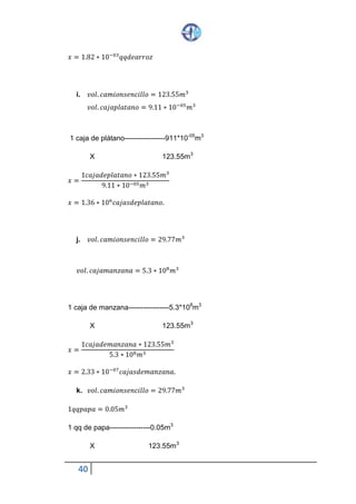 40
𝑥 = 1.82 ∗ 10−03
𝑞𝑞 𝑑𝑒 𝑎𝑟𝑟𝑜𝑧
i. 𝑣𝑜𝑙. 𝑐𝑎𝑚𝑖𝑜𝑛 𝑠𝑒𝑛𝑐𝑖𝑙𝑙𝑜 = 123.55𝑚3
𝑣𝑜𝑙. 𝑐𝑎𝑗𝑎 𝑝𝑙𝑎𝑡𝑎𝑛𝑜 = 9.11 ∗ 10−05
𝑚3
1 caja de plátano-----------------911*10-05m3
X 123.55m3
𝑥 =
1𝑐𝑎𝑗𝑎 𝑑𝑒 𝑝𝑙𝑎𝑡𝑎𝑛𝑜 ∗ 123.55𝑚3
9.11 ∗ 10−05 𝑚3
𝑥 = 1.36 ∗ 106
𝑐𝑎𝑗𝑎𝑠 𝑑𝑒 𝑝𝑙𝑎𝑡𝑎𝑛𝑜.
j. 𝑣𝑜𝑙. 𝑐𝑎𝑚𝑖𝑜𝑛 𝑠𝑒𝑛𝑐𝑖𝑙𝑙𝑜 = 29.77𝑚3
𝑣𝑜𝑙. 𝑐𝑎𝑗𝑎 𝑚𝑎𝑛𝑧𝑎𝑛𝑎 = 5.3 ∗ 108
𝑚3
1 caja de manzana-----------------5.3*108m3
X 123.55m3
𝑥 =
1𝑐𝑎𝑗𝑎 𝑑𝑒 𝑚𝑎𝑛𝑧𝑎𝑛𝑎 ∗ 123.55𝑚3
5.3 ∗ 108 𝑚3
𝑥 = 2.33 ∗ 10−07
𝑐𝑎𝑗𝑎𝑠 𝑑𝑒 𝑚𝑎𝑛𝑧𝑎𝑛𝑎.
k. 𝑣𝑜𝑙. 𝑐𝑎𝑚𝑖𝑜𝑛 𝑠𝑒𝑛𝑐𝑖𝑙𝑙𝑜 = 29.77𝑚3
1𝑞𝑞 𝑝𝑎𝑝𝑎 = 0.05𝑚3
1 qq de papa-----------------0.05m3
X 123.55m3
 
