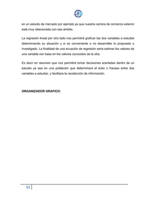 51
en un estudio de mercado por ejemplo ya que nuestra carrera de comercio exterior
está muy relacionada con ese ámbito.
La regresión lineal por otro lado nos permitirá graficar las dos variables a estudiar
determinando su situación y si es conveniente o no desarrollar lo propuesto o
investigado. La finalidad de una ecuación de regresión seria estimar los valores de
una variable con base en los valores conocidos de la otra.
Es decir en resumen que nos permitirá tomar decisiones acertadas dentro de un
estudio ya sea en una población que determinara el éxito o fracaso entre dos
variables a estudiar, y facilitara la recolección de información.
ORGANIZADOR GRAFICO:
 