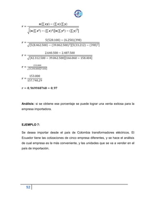 92
𝒓 =
𝒏(∑ 𝒙𝒚) − (∑ 𝒙)(∑ 𝒚)
√[ 𝒏(∑ 𝒙 𝟐) − (∑ 𝒙) 𝟐][𝒏(∑ 𝒚 𝟐)− (∑ 𝒚)
𝟐
]
𝒓 =
5(528.100) − (6.250)(398)
√[5(8.462.500)− (39.062.500)2][5(33.212)− (398)2]
𝒓 =
2.640.500 − 2.487.500
√[42.312.500 − 39.062.500][166.060− 158.404]
𝒓 =
153 .000
√[3.250.000][7.656]
𝒓 =
153.000
157.740,29
𝒓 = 𝟎, 𝟗𝟔𝟗𝟗𝟒𝟖𝟕𝟔𝟖 = 𝟎, 𝟗𝟕
Análisis: si se obtiene ese porcentaje se puede lograr una venta exitosa para la
empresa importadora.
EJEMPLO 7:
Se desea importar desde el país de Colombia transformadores eléctricos. El
Ecuador tiene las cotizaciones de cinco empresa diferentes, y se hace el análisis
de cual empresa es la más conveniente, y las unidades que se va a vender en el
país de importación.
 