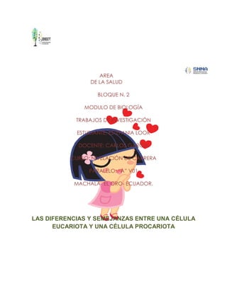 AREA
DE LA SALUD
BLOQUE N. 2
MODULO DE BIOLOGÍA
TRABAJOS DE INVESTIGACIÓN
ESTUDIANTE: ESTEFANIA LOOR
DOCENTE: CARLOS GARCIA
CURSO: NIVELACIÓN DE CARRERA
PARALELO: “A” V01
MACHALA- EL ORO- ECUADOR.
LAS DIFERENCIAS Y SEMEJANZAS ENTRE UNA CÉLULA
EUCARIOTA Y UNA CÉLULA PROCARIOTA
 