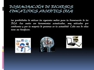 DISEMINACIÓN DE RECURSOS EDUCATIVOS ABIERTOS (REA) 
las posibilidades de utilizar los siguientes medios para la diseminación de los REA. Las cuales son herramientas actualizadas, muy utilizadas por estudiantes y por la mayoría de personas en la actualidad. Cada una de ellas tiene sus beneficios. 
 