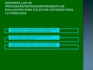 Analizar la tareas entregadas al sitio u originadas de las
webquest para ir retroalimentando las actividades
Otro Instrumento serán las preguntas a través del
surveymonkey o google docs.
A través del facebook generar un grupo de trabajo para
aclaración de dudas y compartir experiencias de trabajo
 