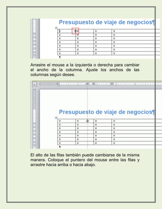 Arrastre el mouse a la izquierda o derecha para cambiar 
el ancho de la columna. Ajuste los anchos de las 
columnas según desee. 
El alto de las filas también puede cambiarse de la misma 
manera. Coloque el puntero del mouse entre las filas y 
arrastre hacia arriba o hacia abajo. 
 
