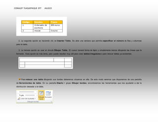 CONALEP TLAQUEPAQUE 077 JALISCO 
2. La segunda opción es haciendo clic en Insertar Tabla. Se abre una ventana que permite especificar el número de filas y columnas 
para la tabla. 
3. La tercera opción es usar el vínculo Dibujar Tabla. El cursor tomará forma de lápiz y simplemente iremos dibujando las líneas que la 
formarán. Esta opción es más lenta, pero puede resultar muy útil para crear tablas irregulares o para retocar tablas ya existentes. 
Para retocar una tabla dibujando sus bordes deberemos situarnos en ella. De este modo veremos que disponemos de una pestaña 
de Herramientas de tabla. En su pestaña Diseño > grupo Dibujar bordes, encontraremos las herramientas que nos ayudarán a dar la 
distribución deseada a la tabla. 
 