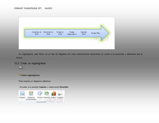 CONALEP TLAQUEPAQUE 077 JALISCO 
Un organigrama, para Word, es un tipo de diagrama con unas características específicas en cuanto a la estructura y elementos que lo 
forman. 
12.2. Crear un organigrama 
Crear organigrama 
Para insertar un diagrama debemos: 
- Acceder a la pestaña Insertar y seleccionar SmartArt. 
 